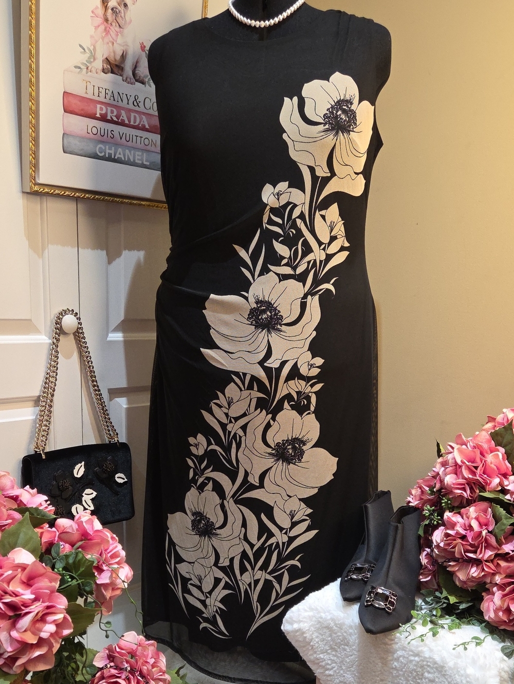 Nwt 2X Rachel Zoe Black Maxi Dress with Cream Floral Motif - Picture 4 of 16